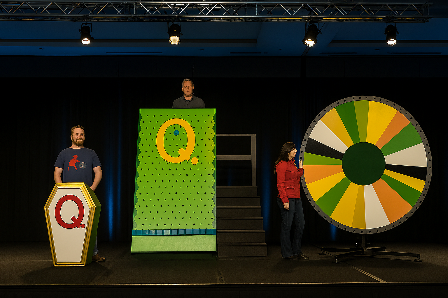 Quantum Quiz live setup with physical podiums and wheel