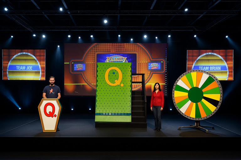 Wide stage view with host podium and wheel